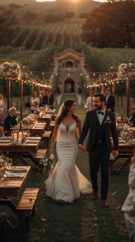 Pareja de novios celebrando su boda en un viñedo del Valle de Guadalupe, rodeados de mesas decoradas con luces cálidas y invitados disfrutando al aire libre.