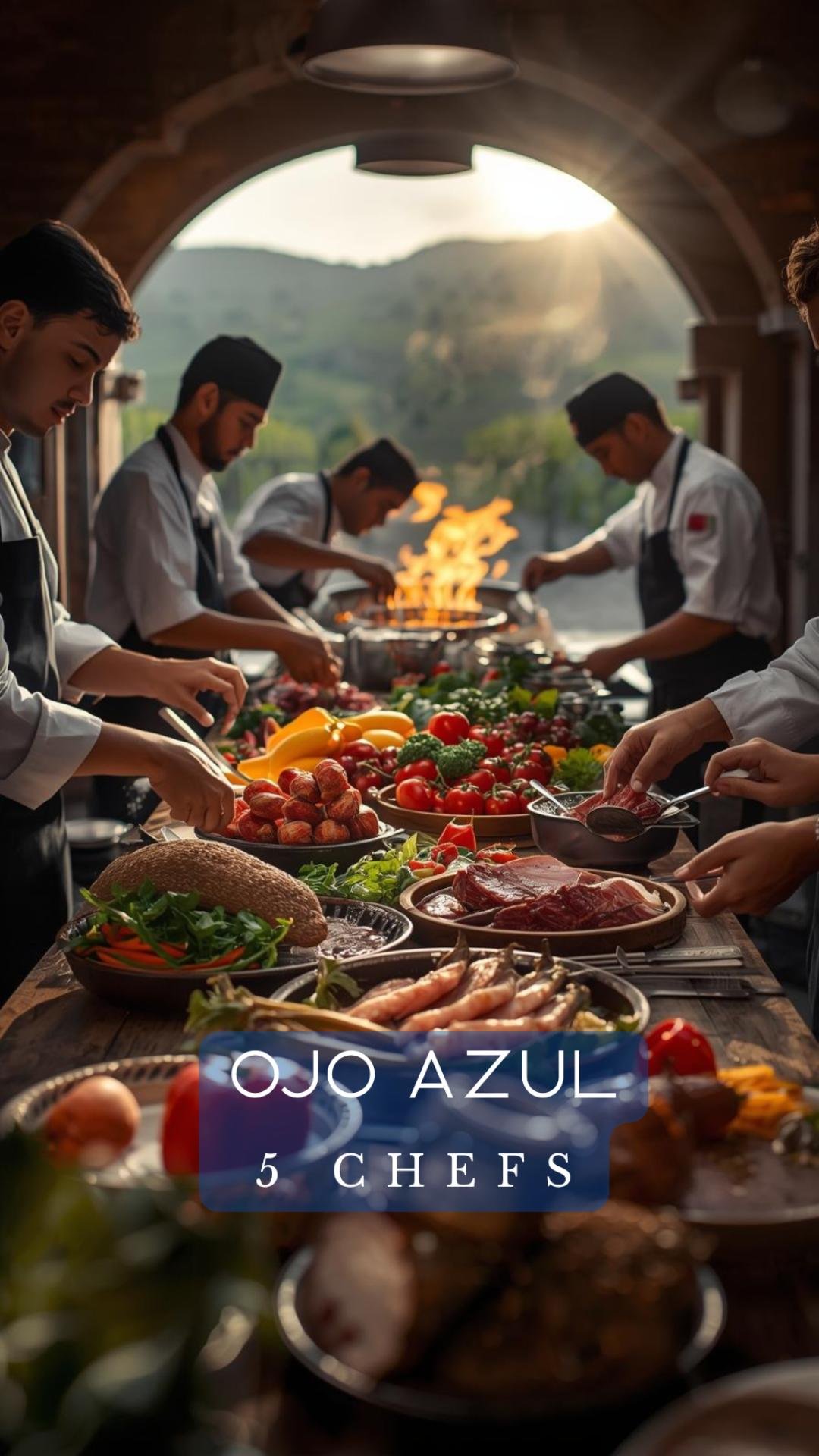 Fotografía del evento en AlmaTierra Valle de Guadalupe con 5 chefs emergentes presentando platillos de autor en el sexto aniversario de Hotel Ojo Azul.