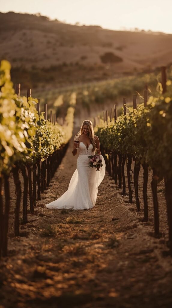 Novia caminando entre viñedos al atardecer en Valle de Guadalupe, con decoración rústico-chic y luz dorada perfecta para fotografía de bodas.