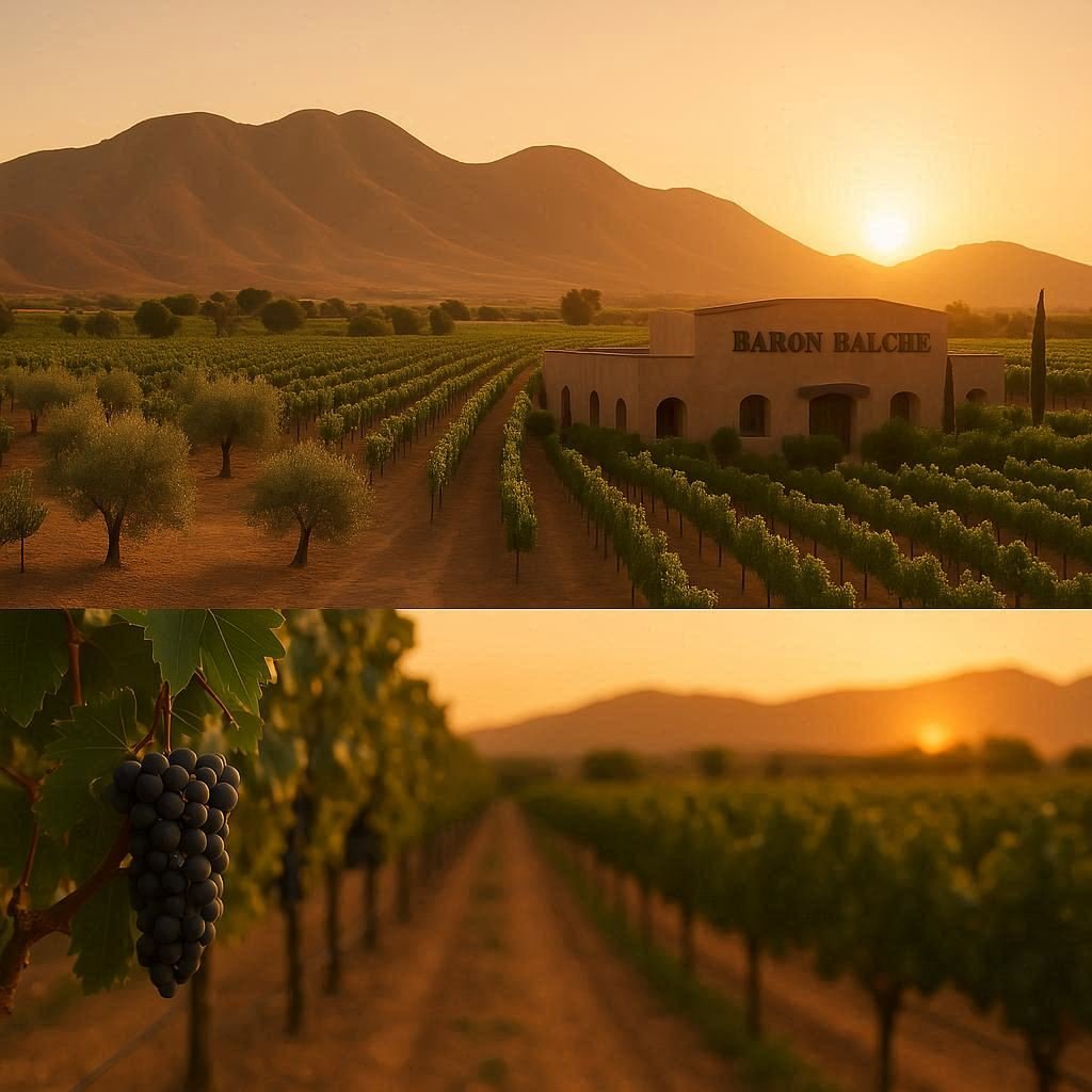 Vista panorámica de la vinícola Barón Balché en el Valle de Guadalupe, con su edificio principal rodeado de viñedos.
