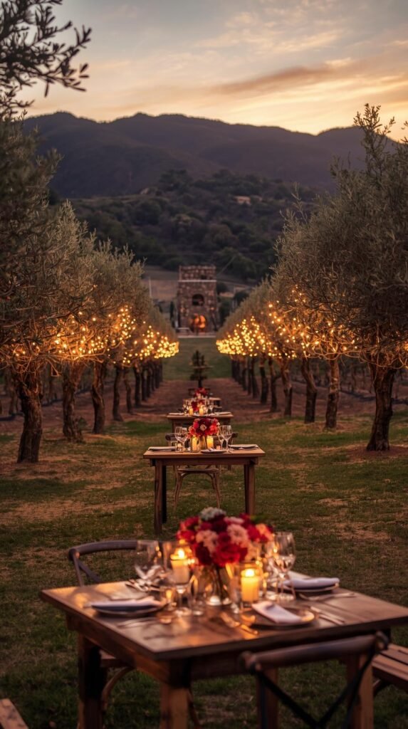 Boda en Valle de Guadalupe en un encantador lugar rodeado de olivos, con decoración elegante y mesas al aire libre.