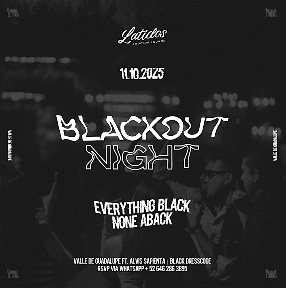 Blackout Night | Latidos Rooftop – Casa FRIDA Valle de Guadalupe Fecha: 11 de octubre de 2025 Lugar: Casa FRIDA, Valle de Guadalupe, Baja California Descripción del evento: La Blackout Night llega al icónico Latidos Rooftop de Casa FRIDA para encender la noche en el corazón de Valle de Guadalupe. Este evento combina música, coctelería de autor y una atmósfera vibrante entre viñedos y luces, creando una experiencia sensorial única bajo el cielo estrellado del Valle. Con DJ sets en vivo, ambientación moderna y la energía característica de Casa FRIDA, será sin duda una de las noches más destacadas de octubre. Durante el evento, estaré realizando cobertura fotográfica profesional, capturando los momentos más memorables de la noche: la esencia del público, los contrastes de luz, y la conexión entre la música y el entorno. Mi objetivo será retratar la energía, el estilo y la autenticidad de este encuentro nocturno que celebra la vida, la música y el buen gusto. Ambiente: elegante, moderno y relajado; ideal para quienes disfrutan de las noches con estilo en un entorno natural y sofisticado.