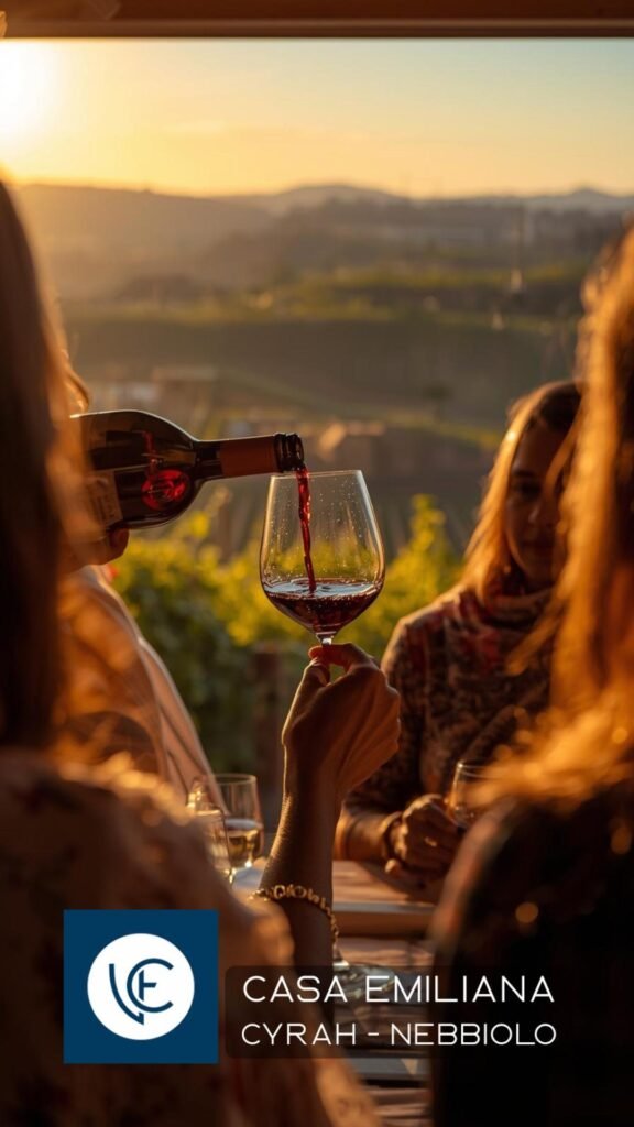 People enjoying a wine tasting at Casa Emiliana in Valle de Guadalupe, sampling the Syrah–Nebbiolo blend under warm sunset light, surrounded by vineyards and rustic charm.